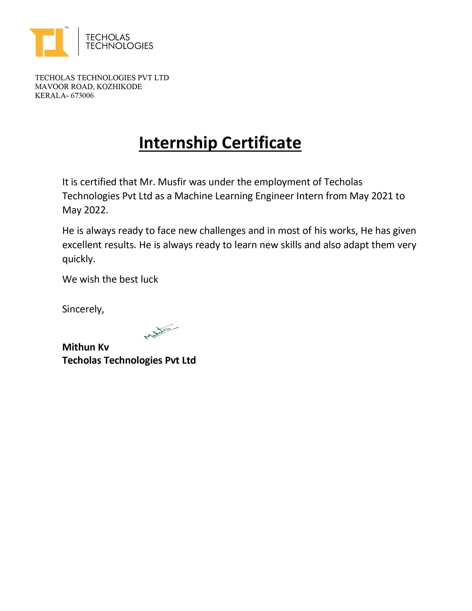 Flutter Internship Certificate